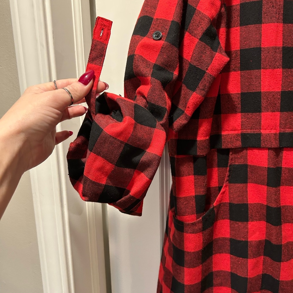 Red and Black Plaid Button-Up Boyfriend Flannel Tunic Length - Picture 10 of 16